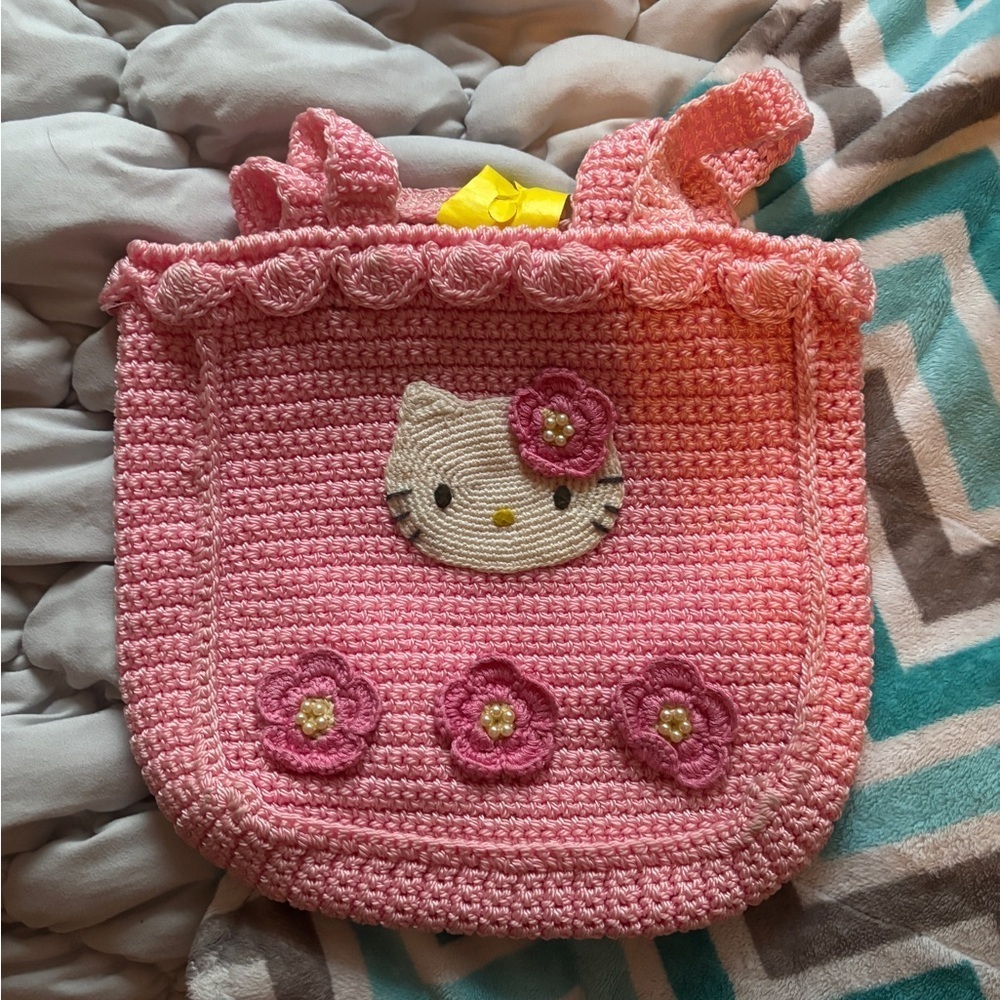 Vintage Hello Kitty pink Crochet Bag with Cute Cat Design sanrio new condition